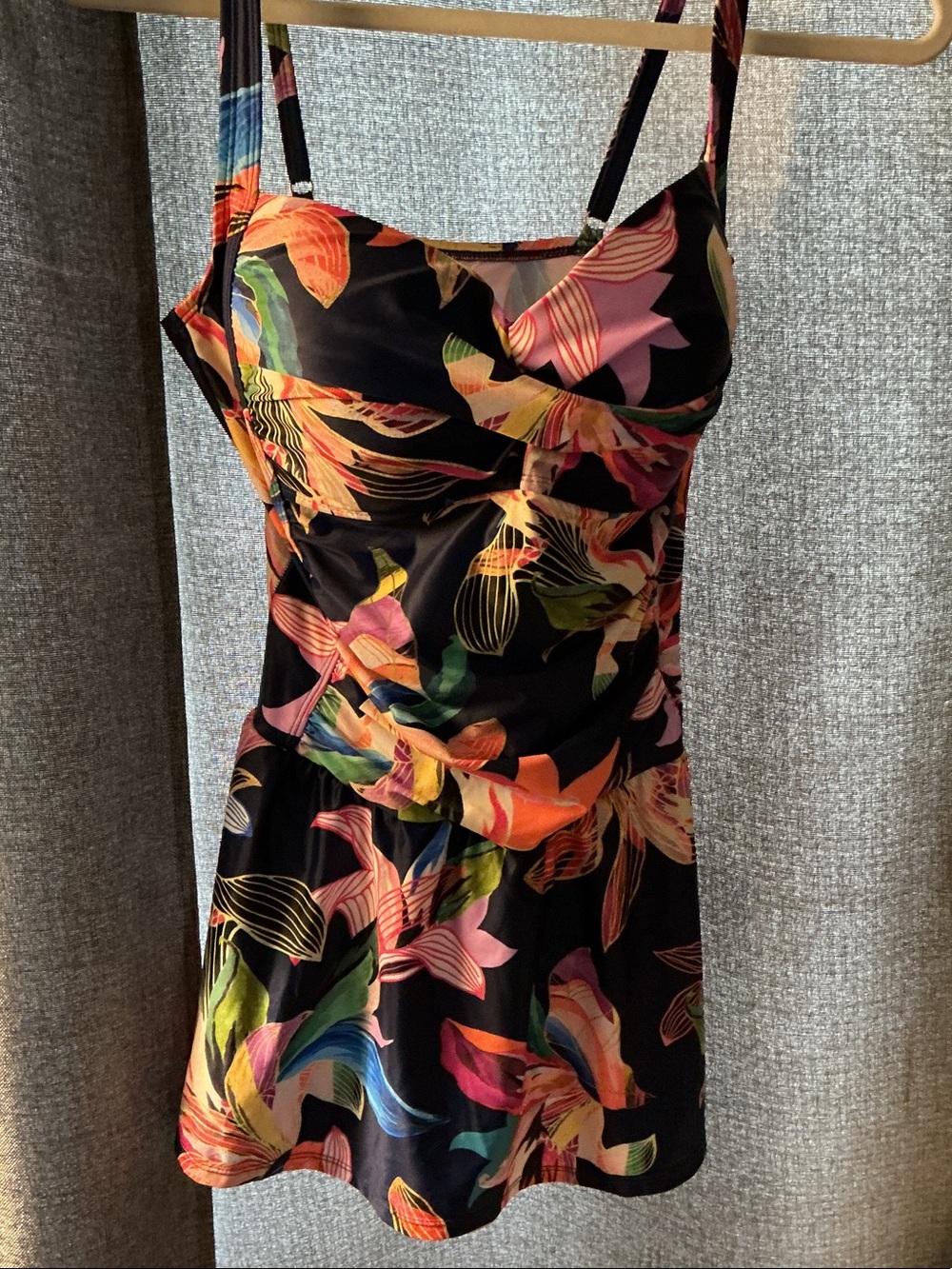 Liz Claiborne Black One-Piece Swimdress with Tropical Multi-Color Floral